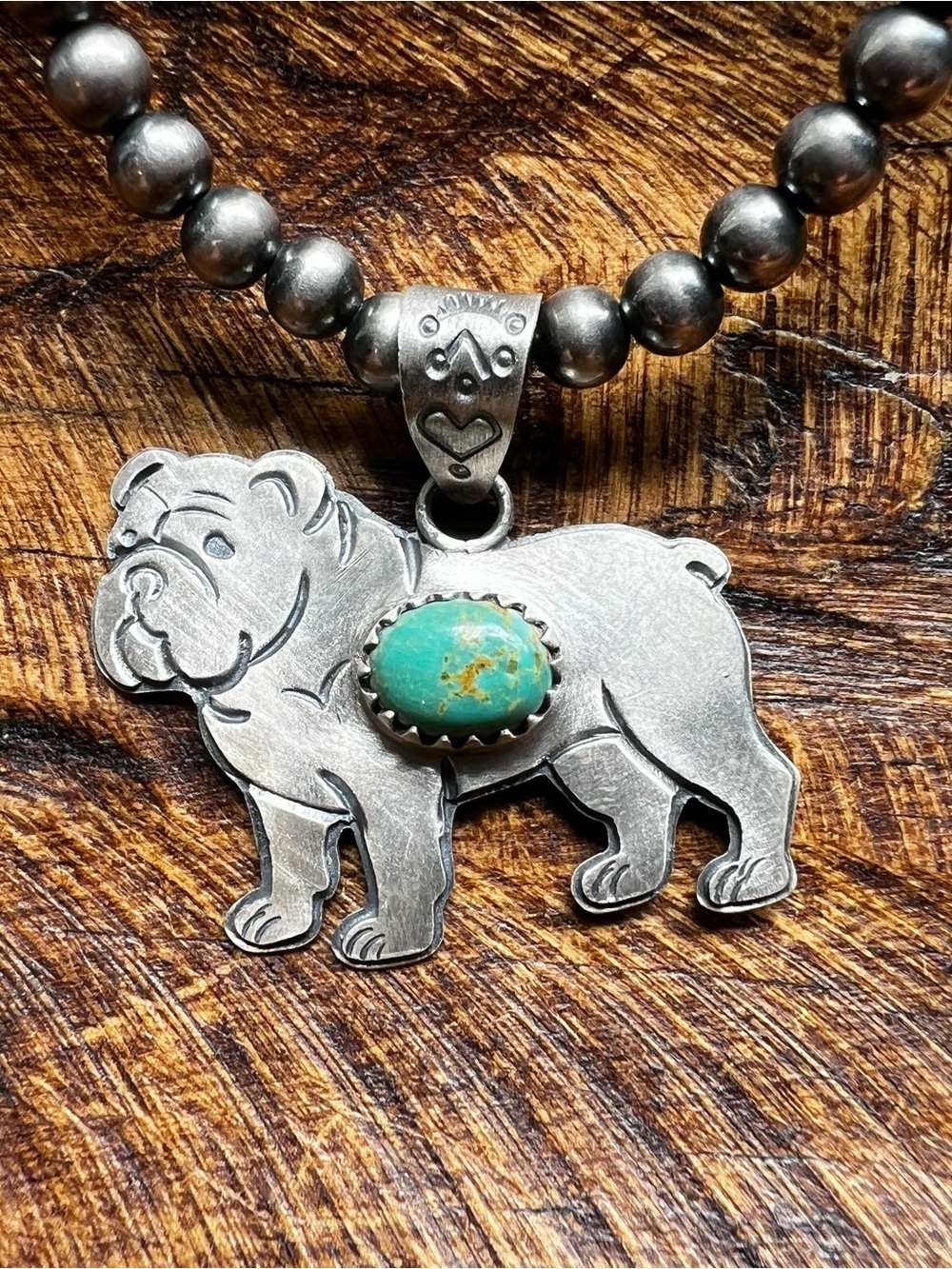 Sterling Silver Kingman Turquoise Bulldog Dog Pendant - Picture 2 of 10